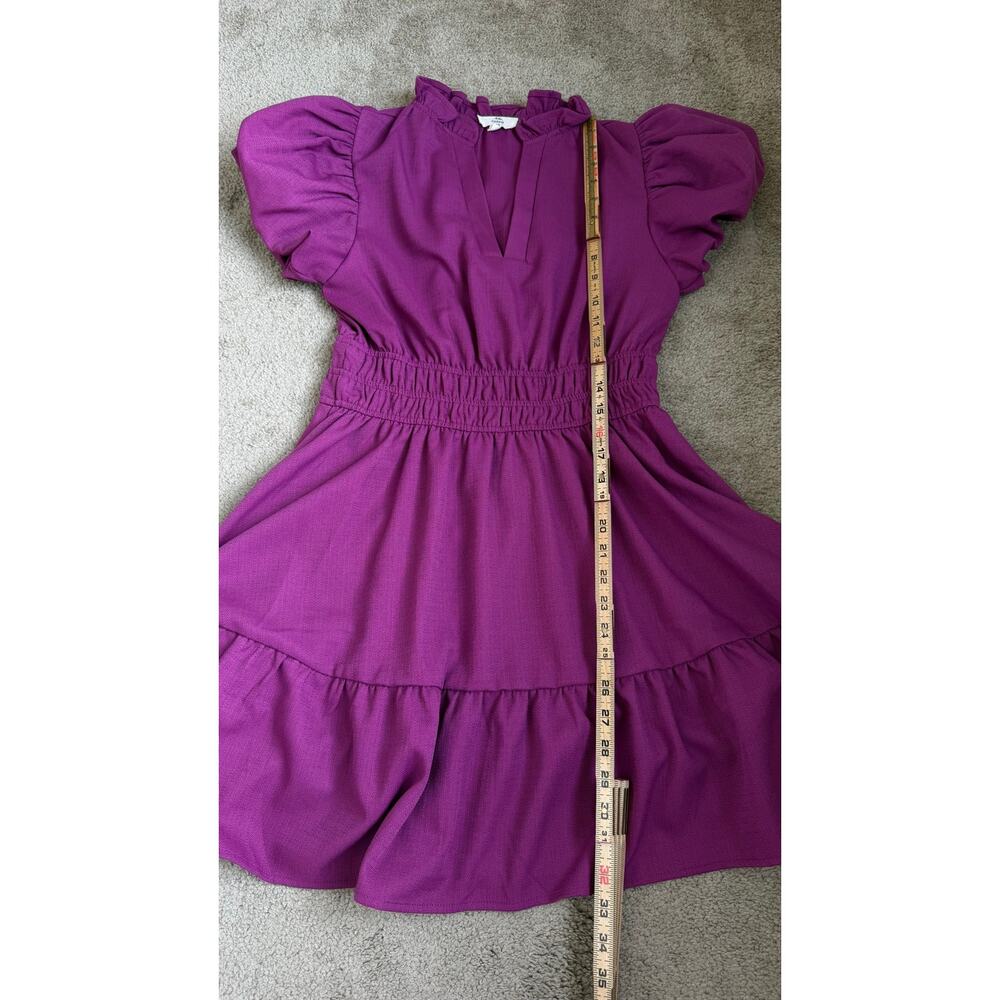 Entro Women’s Purple Puff Sleeve Smocked Mini Dress Size S Tiered V-Neck - Picture 10 of 11